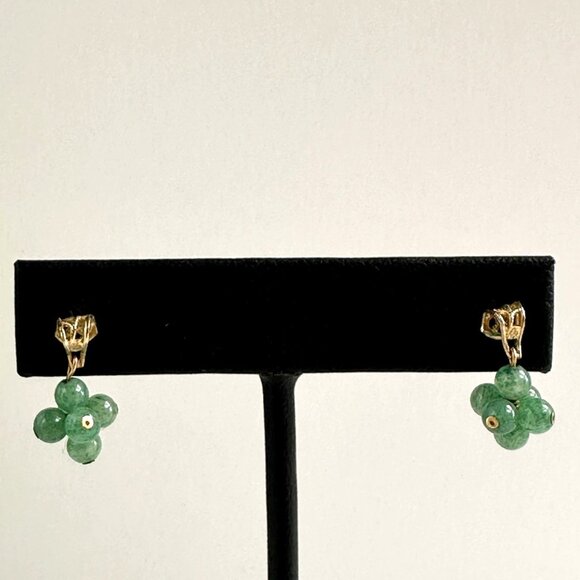 10K Gold Jade Drop Earrings, Real Green Beads - Picture 3 of 9